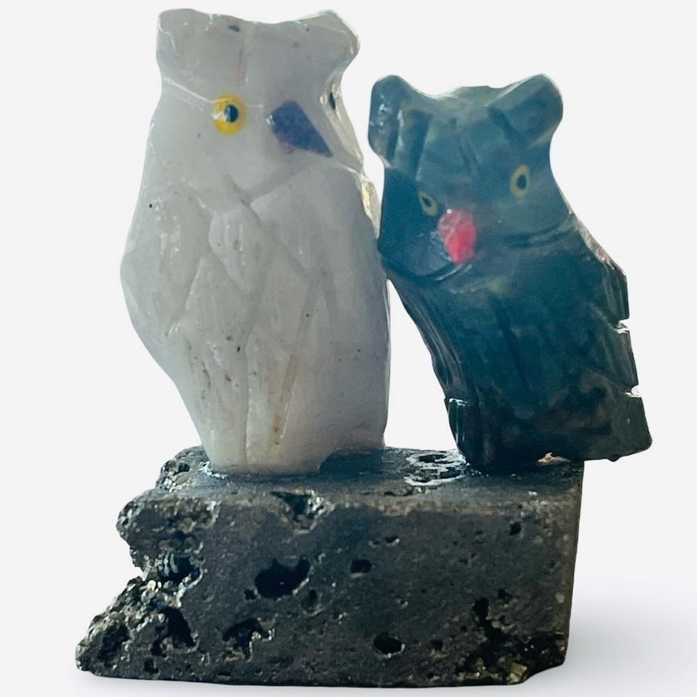 Handcrafted Carved Stone Owl Figurines on Pyrite Base